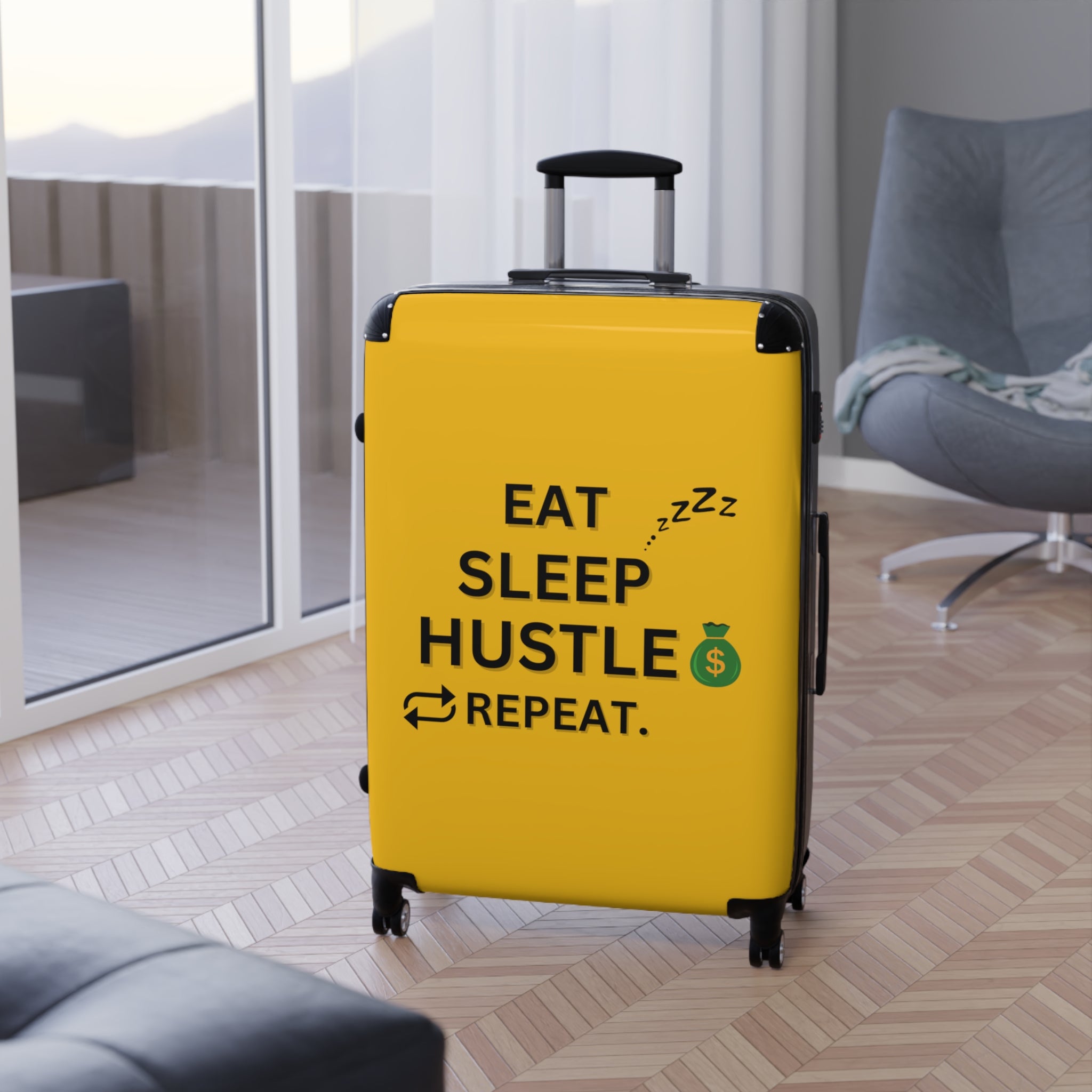 EAT SLEEP HUSTLE REPEAT SUITCASE YELLOW